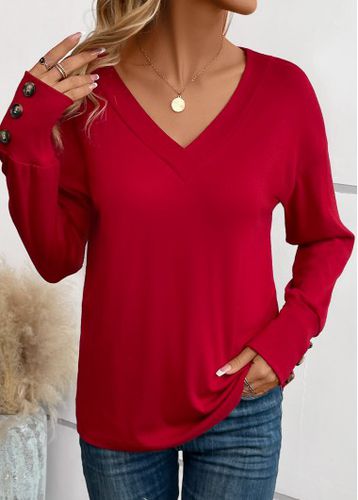 Wine Red Button Long Sleeve V Neck T Shirt - unsigned - Modalova