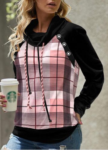 Pink Patchwork Plaid Long Sleeve Cowl Neck Sweatshirt - unsigned - Modalova