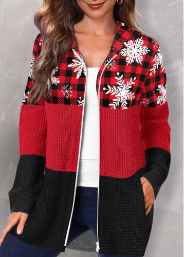 Red Pocket Christmas Print Long Sleeve Hooded Coat - unsigned - Modalova
