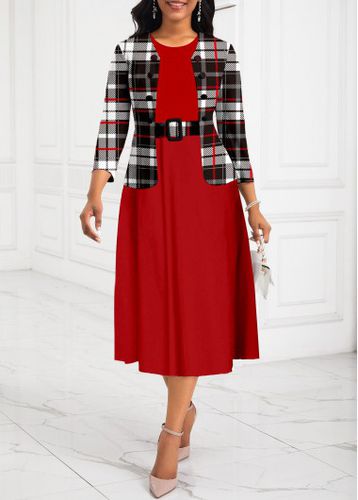 Red Two-Piece Plaid Belted Round Neck Dress and Cardigan - unsigned - Modalova
