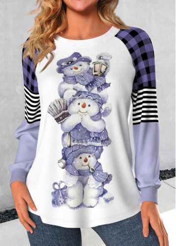 Light Purple Patchwork Snowman Print Long Sleeve T Shirt - unsigned - Modalova