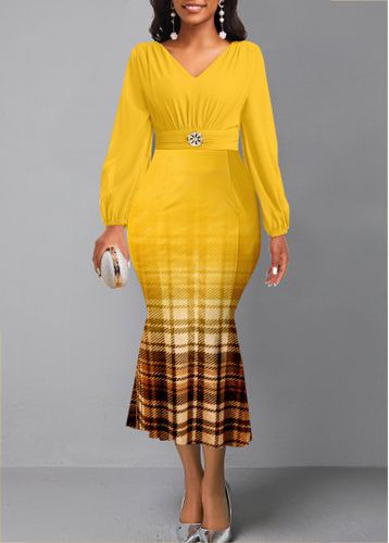 Yellow Plaid Long Sleeve V Neck Mermaid Dress - unsigned - Modalova