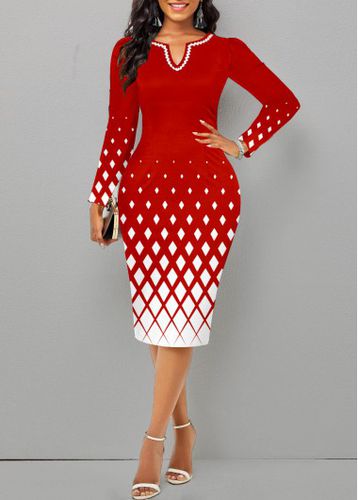 Christmas Red Split Geometric Print Long Sleeve Dress - unsigned - Modalova