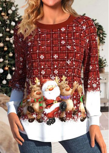 Wine Red Christmas Print Long Sleeve T Shirt - unsigned - Modalova