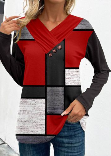 Wine Red Patchwork Geometric Print Long Sleeve Sweatshirt - unsigned - Modalova
