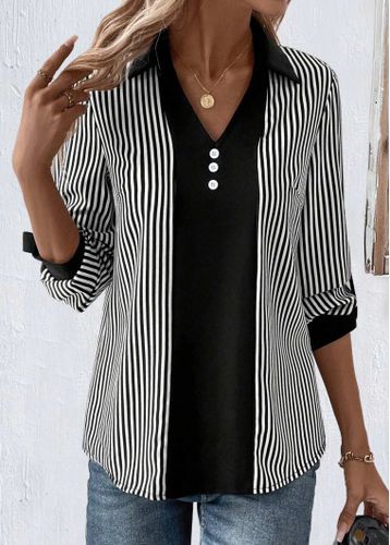 Black Button Striped Long Sleeve Shirt Collar Blouse - unsigned - Modalova