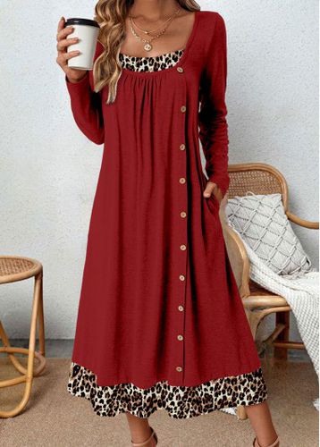 Wine Red Button Leopard A Line Dress - unsigned - Modalova