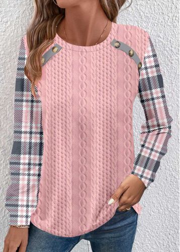 Pink Patchwork Plaid Long Sleeve Round Neck Sweatshirt - unsigned - Modalova
