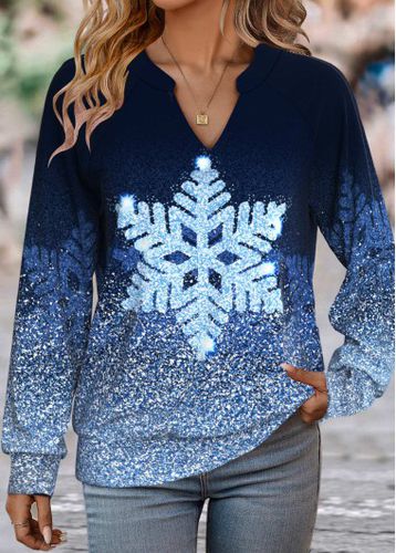 Blue Patchwork Snowflake Print Long Sleeve Split Neck Sweatshirt - unsigned - Modalova