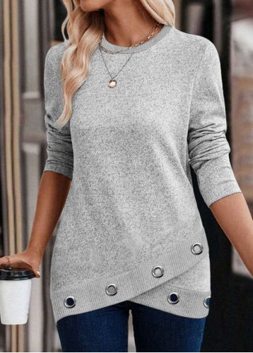 Light Grey Cross Hem Long Sleeve Round Neck Sweatshirt - unsigned - Modalova