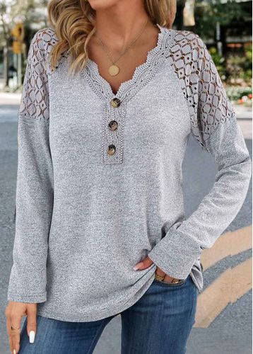 Grey Lace Long Sleeve V Neck T Shirt - unsigned - Modalova