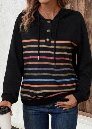 Black Button Multi Stripe Print Long Sleeve Hoodie - unsigned - Modalova