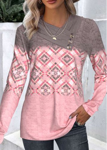 Light Pink Button Geometric Print Long Sleeve Sweatshirt - unsigned - Modalova