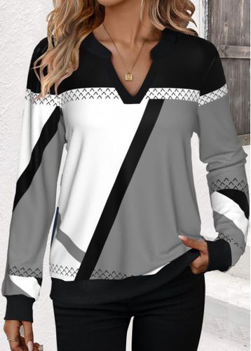 Black Patchwork Geometric Print Split Neck Sweatshirt - unsigned - Modalova