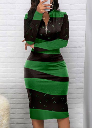 Green Zipper Geometric Print Long Sleeve Bodycon Dress - unsigned - Modalova