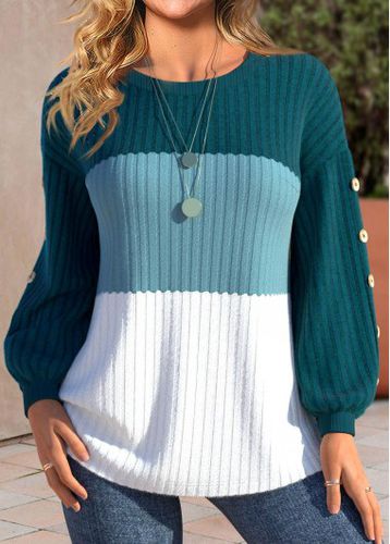 Turquoise Patchwork Long Sleeve Round Neck Sweatshirt - unsigned - Modalova
