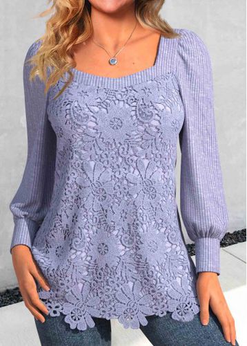 Light Purple Lace Long Sleeve Square Neck T Shirt - unsigned - Modalova