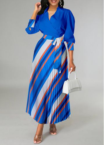 Royal Blue Pleated Striped Belted Cross Collar Dress - unsigned - Modalova