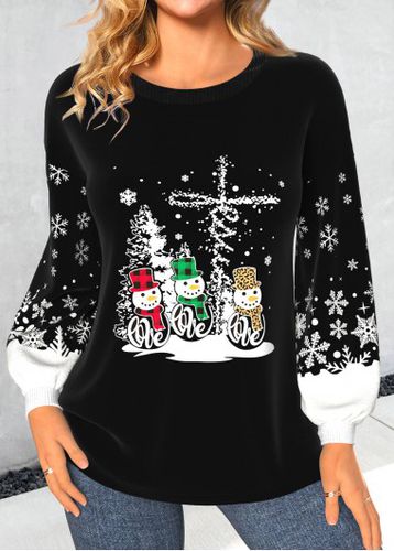 Christmas Black Snowman Print Long Sleeve Round Neck Sweatshirt - unsigned - Modalova