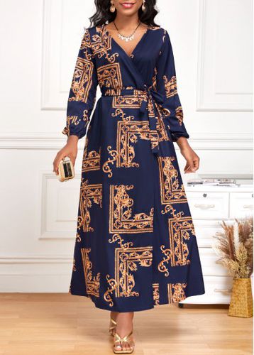 Navy Criss Cross Baroque Print Belted Maxi Dress - unsigned - Modalova