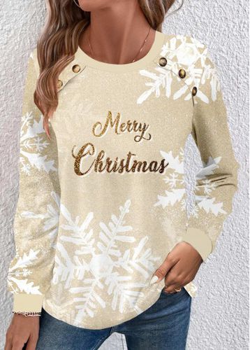 Champagne Button Snowflake Print Christmas Round Neck Sweatshirt - unsigned - Modalova