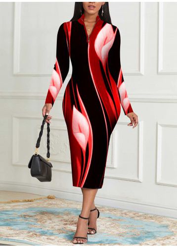 Red Zipper Floral Print Long Sleeve Bodycon Dress - unsigned - Modalova