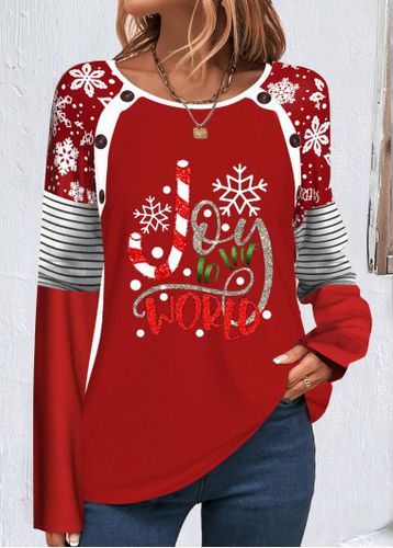 Red Patchwork Christmas Print Long Sleeve Round Neck Sweatshirt - unsigned - Modalova