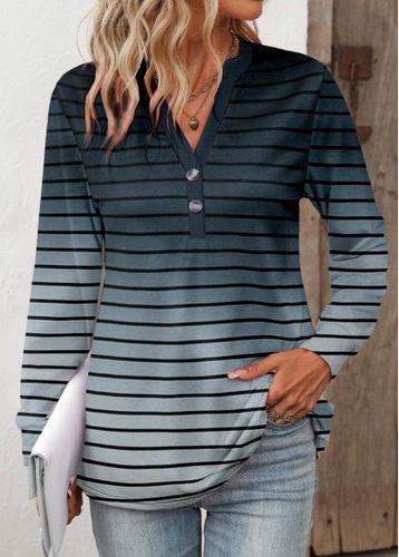 Navy Button Striped Long Sleeve Split Neck T Shirt - unsigned - Modalova