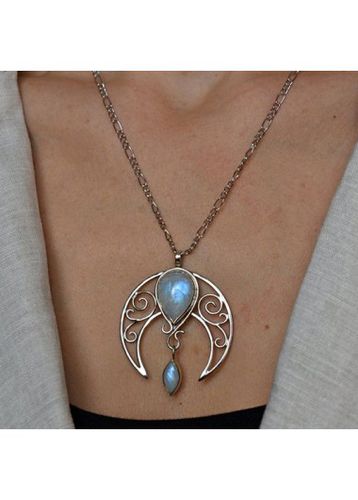 Silvery White Moon Design Teardrop Alloy Necklace - unsigned - Modalova