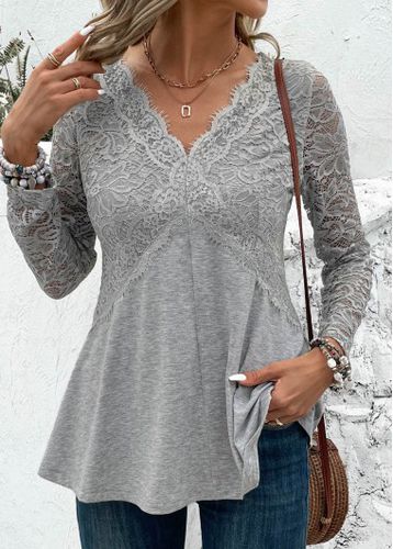 Grey Patchwork Long Sleeve V Neck T Shirt - unsigned - Modalova