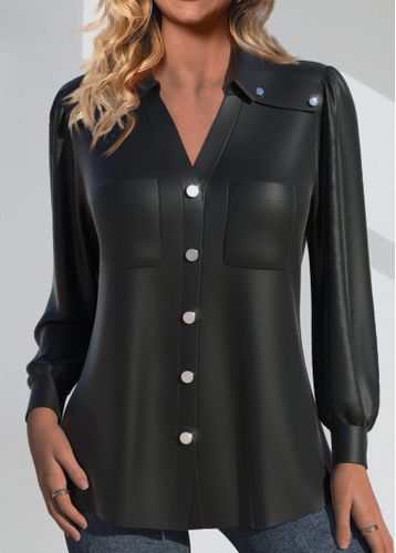 Black Faux Leather Long Sleeve Shirt Collar Blouse - unsigned - Modalova