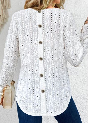 White Button Long Sleeve Round Neck T Shirt - unsigned - Modalova