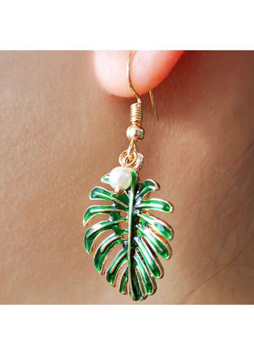 Green Leaf Metal Leaves Pearl Earrings - unsigned - Modalova