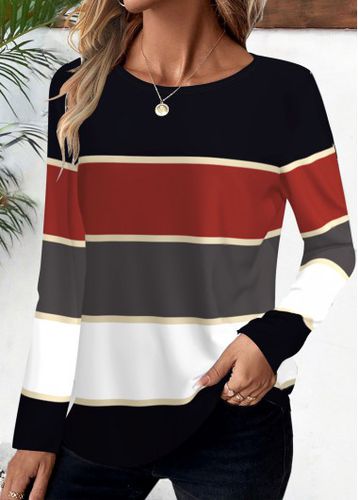 Deep Red Striped Long Sleeve Round Neck T Shirt - unsigned - Modalova