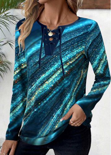 Peacock Blue Lace Up Ombre Long Sleeve T Shirt - unsigned - Modalova