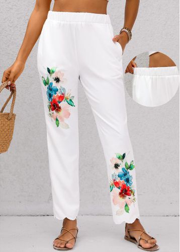 White Pocket Floral Print Regular Elastic Waist Pants - unsigned - Modalova