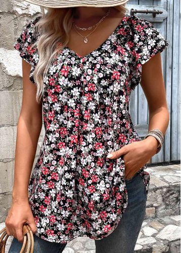 Black Ruched Floral Print Short Sleeve T Shirt - unsigned - Modalova