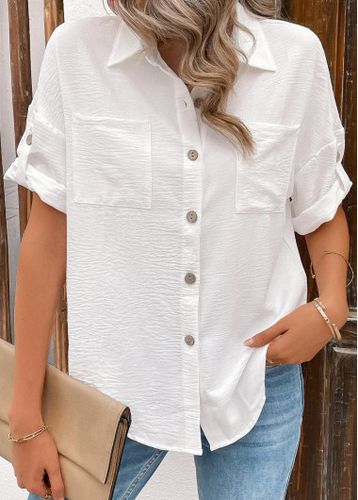White Button Short Sleeve Shirt Collar Blouse - unsigned - Modalova