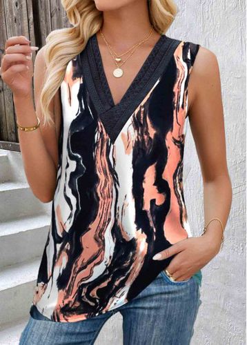 Navy Patchwork Sleeveless V Neck Tank Top - unsigned - Modalova