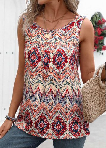 Multi Color Ruched Tribal Print Sleeveless Tank Top - unsigned - Modalova