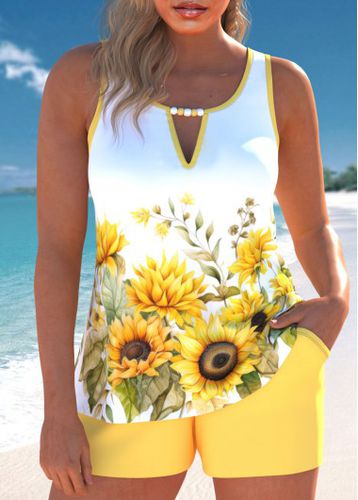 Cut Out Floral Print Light Yellow Tankini Set - unsigned - Modalova