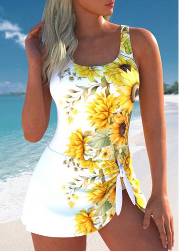 Bowknot Floral Print White One Piece Swimdress - unsigned - Modalova