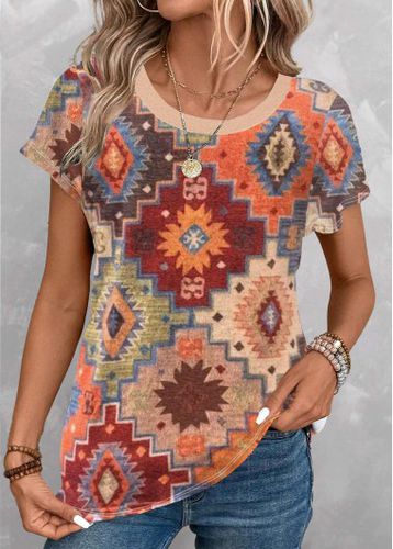Multi Color Patchwork Tribal Print Short Sleeve T Shirt - unsigned - Modalova