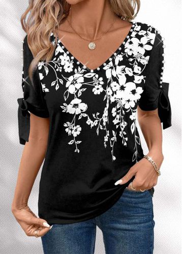 Black Beaded Floral Print Short Sleeve T Shirt - unsigned - Modalova