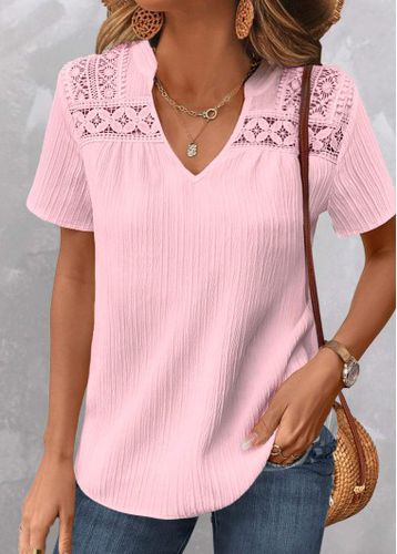 Light Pink Patchwork Short Sleeve V Neck Shirt - unsigned - Modalova