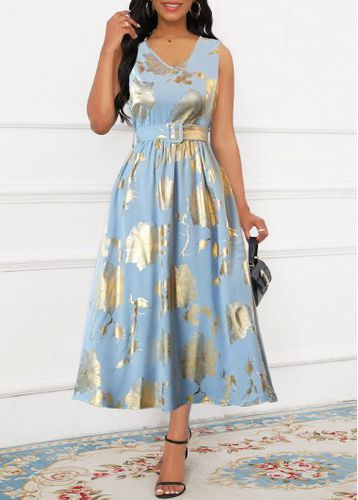 Light Blue Hot Stamping Floral Print Belted Sleeveless Dress - unsigned - Modalova