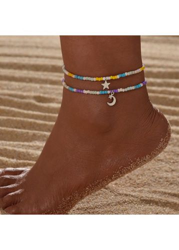 Mint Green Beaded Moon Polyresin Anklets Set - unsigned - Modalova