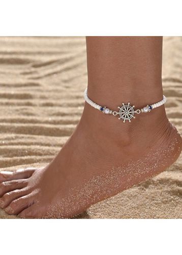 White Polyresin Beaded Design Metal Detail Anklet - unsigned - Modalova