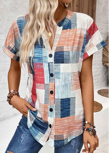 Multi Color Button Geometric Print Short Sleeve Blouse - unsigned - Modalova