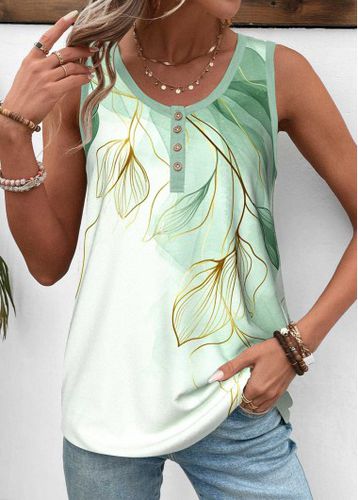 Light Green Button Leaf Print Sleeveless Tank Top - unsigned - Modalova